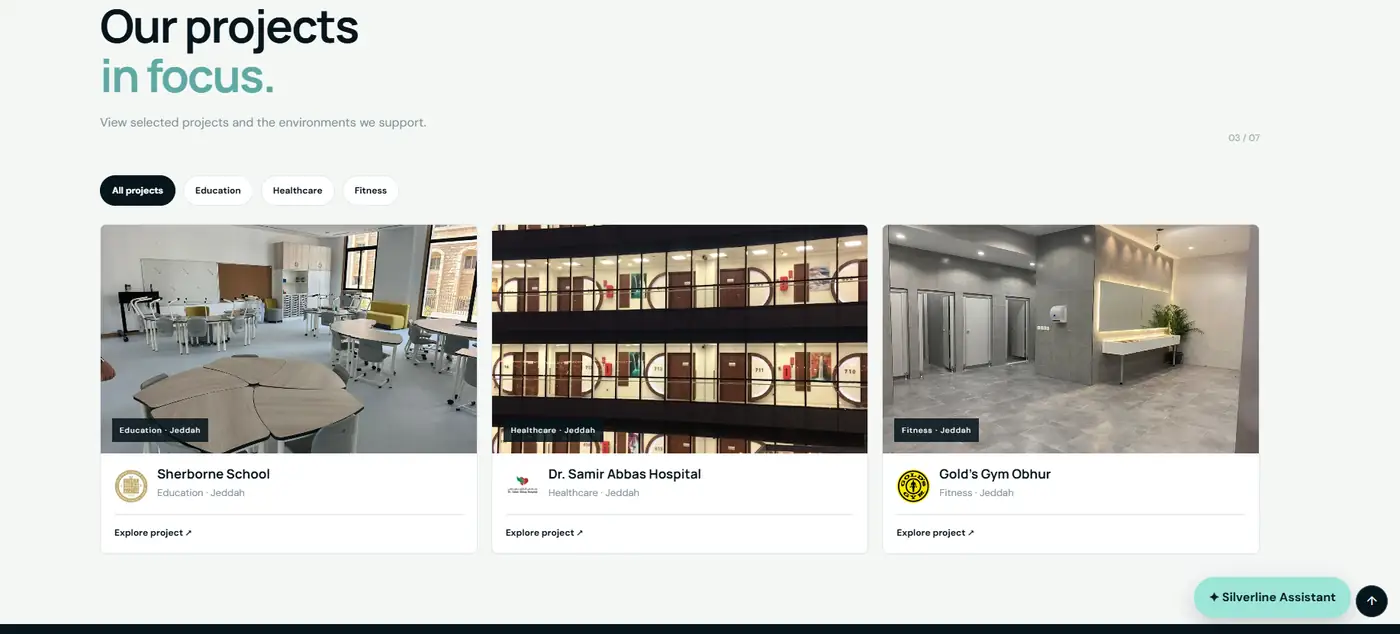Silverline projects section: Sherborne School, Dr. Samir Abbas Hospital and Gold's Gym Obhur
